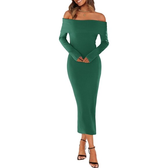 Merokeety Women's Darkgreen Off Shoulder Long Sleeve Elegant Bodycon Midi Dress - Picture 3 of 9